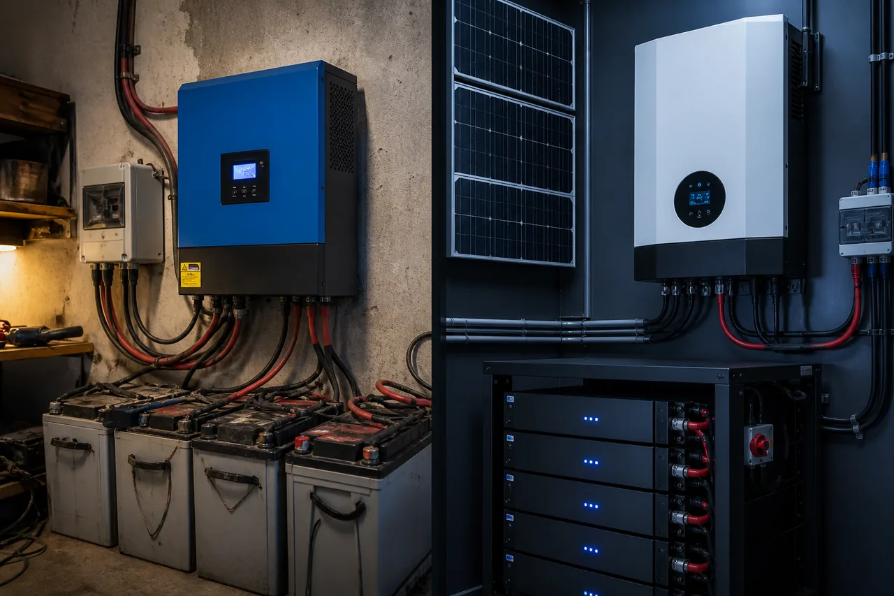 Cheap off-grid versus hybrid with LiFePO4 energy storage